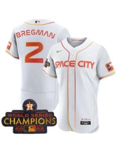Men's Houston Astros #2 Alex Bregman White With 2022 World Series Champions Patch Stitched Baseball Jersey