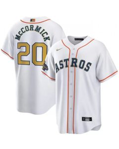 Men's Houston Astros #20 Chas McCormick White 2023 Gold Collection With World Series Champions Patch Cool Base Stitched Baseball Jersey