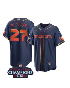 Men's Houston Astros #27 Jose Altuve Navy 2022 World Series Champions City Connect Stitched Baseball Jersey