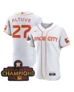 Men's Houston Astros #27 Jose Altuve White With 2022 World Serise Champions Patch Stitched Baseball Jersey (White)