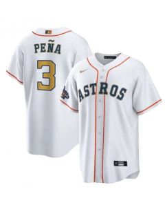 Men's Houston Astros #3 Jeremy Pena White 2023 Gold Collection With World Series Champions Patch Cool Base Stitched Baseball Jersey