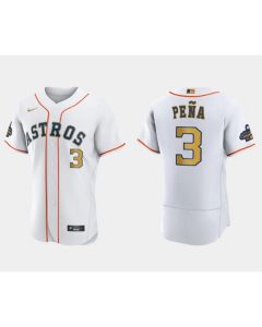 Men's Houston Astros #3 Jeremy Pena White 2023 Gold Collection With World Series Champions Patch Stitched Baseball Jersey