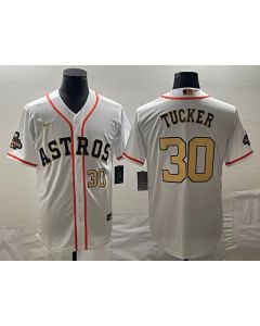 Men's Houston Astros #30 Kyle Tucker White 2023 Gold Collection With World Serise Champions Patch Cool Base Stitched Baseball Jersey (White Gold)