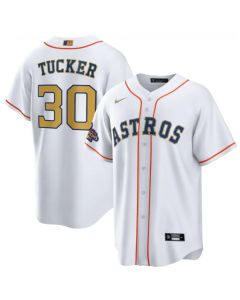Men's Houston Astros #30 Kyle Tucker White 2023 Gold Collection With World Series Champions Patch Cool Base Stitched Baseball Jersey