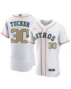 Men's Houston Astros #30 Kyle Tucker White 2023 Gold Collection With World Series Champions Patch Stitched Baseball Jersey