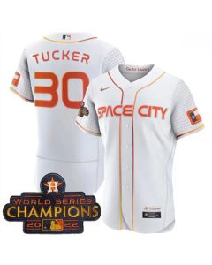Men's Houston Astros #30 Kyle Tucker White With 2022 World Series Champions Patch Stitched Baseball Jersey