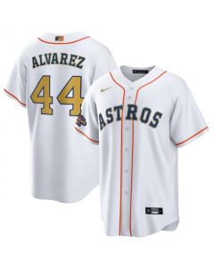 Men's Houston Astros #44 Yordan Alvarez White 2023 Gold Collection With World Series Champions Patch Cool Base Stitched Baseball Jersey
