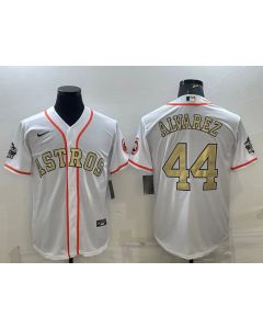 Men's Houston Astros #44 Yordan Alvarez White Gold 2022 World Series Stitched Baseball Jersey