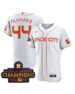 Men's Houston Astros #44 Yordan Alvarez White With 2022 World Serise Champions Patch Stitched Baseball Jersey (White)