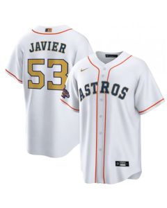 Men's Houston Astros #53 Cristian Javier White 2023 Gold Collection With World Series Champions Patch Cool Base Stitched Baseball Jersey