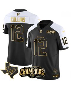 Men's Houston Texans #12 Nico Collins Black/White Golden 2023 F.U.S.E. With AFC South Champions Patch And Team Logo Patch Limited Stitched Football Jersey