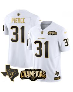 Men's Houston Texans #31 Dameon Pierce White Golden 2023 F.U.S.E. With AFC South Champions Patch And Team Logo Patch Limited Stitched Football Jersey