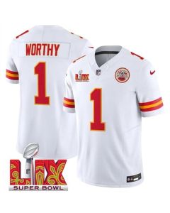 Men's Kansas City Chiefs #1 Xavier Worthy White 2025 Super Bowl LIX Patch F.U.S.E. Vapor Limited Stitched Football Jersey