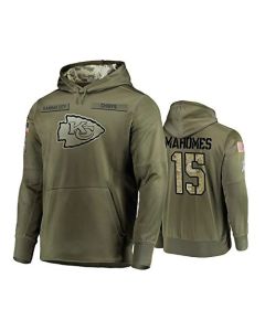 Men's Kansas City Chiefs #15 Patrick Mahomes 2019 Olive Salute To Service Sideline Therma Performance Pullover Hoodie