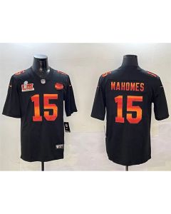 Men's Kansas City Chiefs #15 Patrick Mahomes Black 2025 Super Bowl LIX Patch Fashion Vapor Limited Stitched Football Jersey