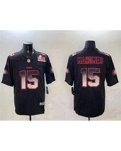 Men's Kansas City Chiefs #15 Patrick Mahomes Black 2025 Super Bowl LIX Patch Smoke Fashion Vapor Limited Stitched Football Jersey