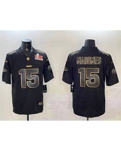 Men's Kansas City Chiefs #15 Patrick Mahomes Black/Gold 2025 Super Bowl LIX Patch Vapor Limited Stitched Football Jersey (Black Gold)