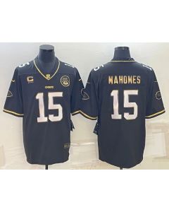 Men's Kansas City Chiefs #15 Patrick Mahomes Black Gold 4-star C Patch Vapor Untouchable Limited Stitched Jersey