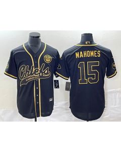 Men's Kansas City Chiefs #15 Patrick Mahomes Black Gold Cool Bae Stitched Baseball Jersey