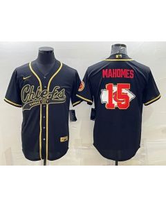 Men's Kansas City Chiefs #15 Patrick Mahomes Black Gold Team Big Logo With Patch Cool Base Stitched Baseball Jersey