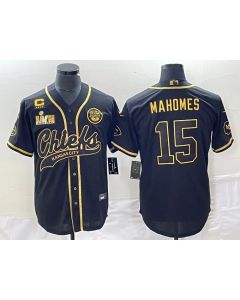 Men's Kansas City Chiefs #15 Patrick Mahomes Black Gold With 4-star C Patch And Super Bowl LVII Patch Cool Bae Stitched Baseball Jersey