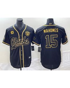 Men's Kansas City Chiefs #15 Patrick Mahomes Black Gold With 4-star C Patch Cool Bae Stitched Baseball Jersey