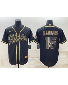 Men's Kansas City Chiefs #15 Patrick Mahomes Black Gold With Patch Cool Base Stitched Baseball Jersey