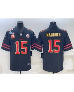 Men's Kansas City Chiefs #15 Patrick Mahomes Black Red Gold Super Bowl LVII Patch And 4-star C Patch Vapor Untouchable Limited Stitched Jersey