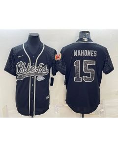 Men's Kansas City Chiefs #15 Patrick Mahomes Black Reflective With Patch Cool Base Stitched Baseball Jersey