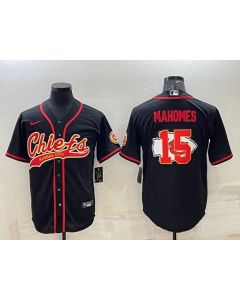Men's Kansas City Chiefs #15 Patrick Mahomes Black Team Big Logo With Patch Cool Base Stitched Baseball Jersey