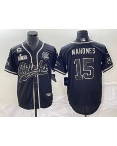 Men's Kansas City Chiefs #15 Patrick Mahomes Black With 4-star C Patch And Super Bowl LVII Patch Cool Bae Stitched Baseball Jersey