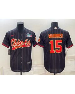 Men's Kansas City Chiefs #15 Patrick Mahomes Black With Super Bowl LVII Patch Cool Base Stitched Baseball Jersey