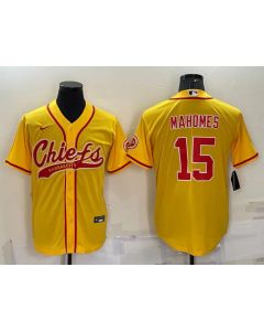 Men's Kansas City Chiefs #15 Patrick Mahomes Gold With Patch Cool Base Stitched Baseball Jersey