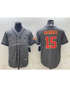 Men's Kansas City Chiefs #15 Patrick Mahomes Grey With Patch Cool Base Stitched Baseball Jersey