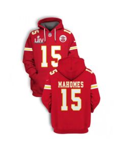 Men's Kansas City Chiefs #15 Patrick Mahomes Red 2021 Super Bowl LIV Pullover Hoodie