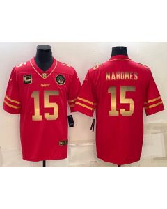 Men's Kansas City Chiefs #15 Patrick Mahomes Red Gold 4-star C Patch Vapor Untouchable Limited Stitched Jersey