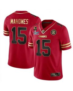 Men's Kansas City Chiefs #15 Patrick Mahomes Red Gold Super Bowl LVII Patch And 4-star C Patch Vapor Untouchable Limited Stitched Jersey (Red Gold)
