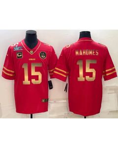 Men's Kansas City Chiefs #15 Patrick Mahomes Red Gold Super Bowl LVII Patch And 4-star C Patch Vapor Untouchable Limited Stitched Jersey