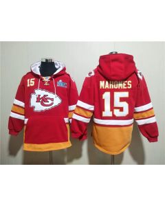 Men's Kansas City Chiefs #15 Patrick Mahomes Red Super Bowl Lace-Up Pullover Hoodie