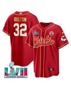 Men's Kansas City Chiefs #32 Nick Bolton Red Super Bowl LVII Patch Cool Bae Stitched Baseball Jersey