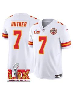 Men's Kansas City Chiefs #7 Harrison Butker White 2025 Super Bowl LIX Patch F.U.S.E. Vapor Limited Stitched Football Jersey