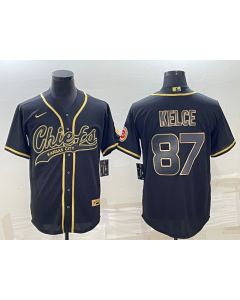 Men's Kansas City Chiefs #87 Travis Kelce Black Gold With Patch Cool Base Stitched Baseball Jersey