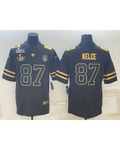 Men's Kansas City Chiefs #87 Travis Kelce Black Golden Super Bowl LV And Super Bowl LVII Patch Vapor Limited Stitched Jersey