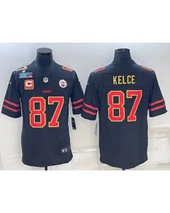 Men's Kansas City Chiefs #87 Travis Kelce Black Red Gold Super Bowl LVII Patch And 4-star C Patch Vapor Untouchable Limited Stitched Jersey