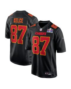 Men's Kansas City Chiefs #87 Travis Kelce Black Super Bowl LVIII Carbon Fashion Game Player Jersey