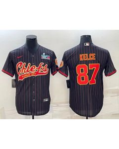 Men's Kansas City Chiefs #87 Travis Kelce Black With Super Bowl LVII Patch Cool Base Stitched Baseball Jersey