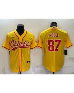 Men's Kansas City Chiefs #87 Travis Kelce Gold With Patch Cool Base Stitched Baseball Jersey
