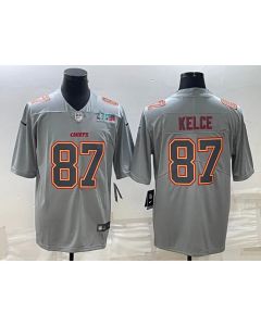 Men's Kansas City Chiefs #87 Travis Kelce Gray Super Bowl LVII Patch Atmosphere Fashion Stitched Jersey