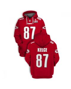Men's Kansas City Chiefs #87 Travis Kelce Red 2021 Super Bowl LIV Pullover Hoodie (Red)