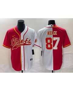 Men's Kansas City Chiefs #87 Travis Kelce Red White Split Cool Base Stitched Baseball Jersey